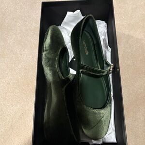 Larroude Olive Green Velvet Mary Jane Flats
